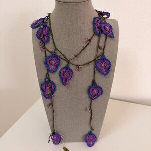 Traditional Turkish Oya Necklace Violet & Bright Blue Lightweight for Travel